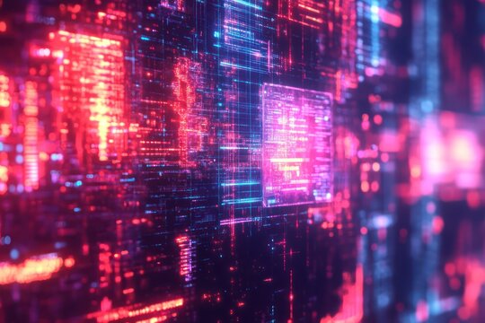 Broken interface with glitching symbols, flickering across a vibrant, fragmented digital screen