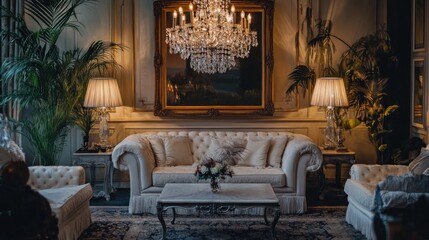 Luxurious Living Room Interior with Chandelier and Elegant Decor