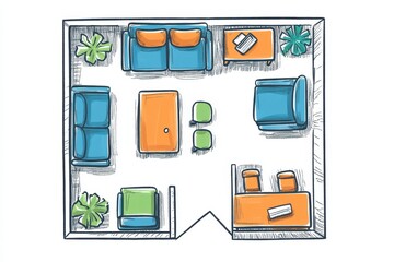 Hand drawn illustration of a modern living room layout