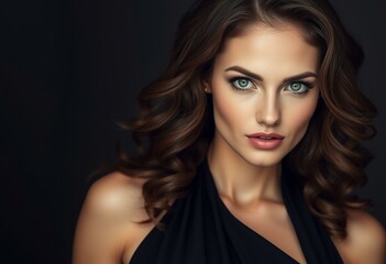 Fototapeta premium Portrait of a glamorous woman with long brown hair and green eyes
