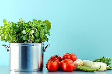 Stainless Steel Pot with Fresh Herbs and Vibrant Vegetables on Blue Background