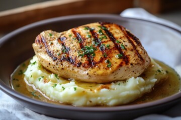 Grilled chicken breast, mashed potatoes, sauce, kitchen setting, food photography