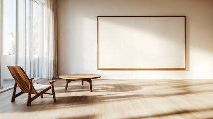 Modern Wooden Picture Frame Mockup on White Wall Minimalist Design Bright Interior