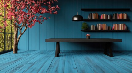 Modern Geometric Frame Mockup in Vibrant Blue Room with Cherry Blossom Artistic Design