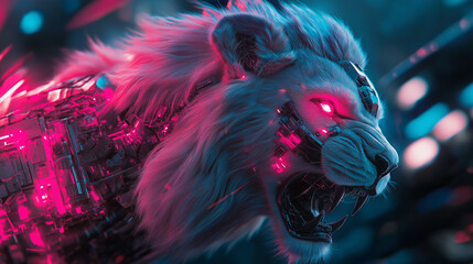 A vibrant, stylized image of a roaring lion with glowing pink and blue neon accents on its fur.