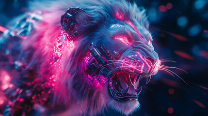 A vibrant, stylized image of a roaring lion with glowing pink and blue neon accents on its fur.