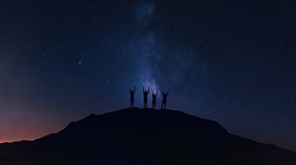 Fototapeta premium Panorama landscape with milky way, Night sky with stars and silhouette of a standing sporty people with raised up arms on high mountain