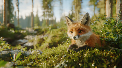 photorealistic image of fox resting in lush green forest, surrounded by trees and foliage, evoking sense of tranquility and nature beauty