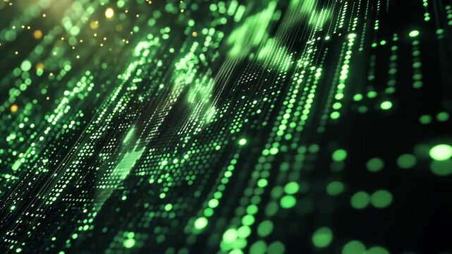 Abstract representation of digital data flow with green light particles and lines in a futuristic setting