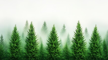 Obraz premium Row of evergreen trees emerging from fog in a serene natural landscape