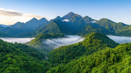 Mountain range with a lush valley and clear blue sky during daytime in a natural landscape setting