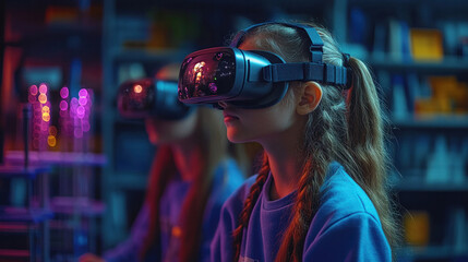 A virtual classroom with students wearing VR headsets exploring a 3D science experiment