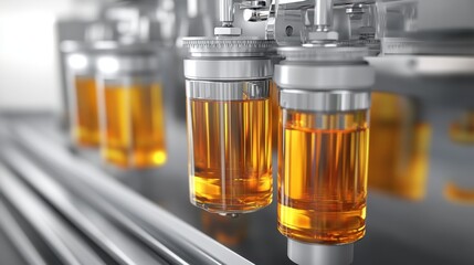 Gasoline engine with oil filters, valves, and polished metal details.