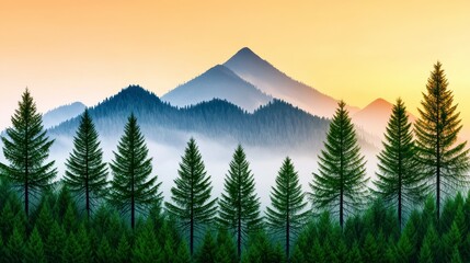 Fototapeta premium Lush green forest landscape with a majestic mountain peak in the background under a clear blue sky