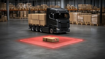 Naklejka premium Package Scanning Process in Logistics Warehouse with Red Laser Technology Insight