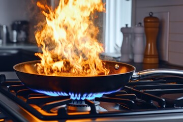 Kitchen fire, flaming pan, stovetop, cooking accident, safety (1)