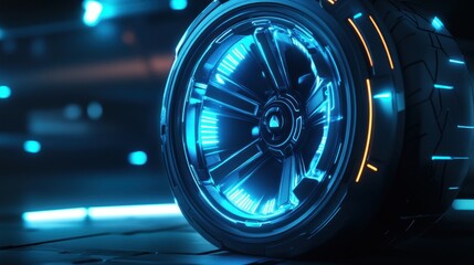 Futuristic glowing wheel with a hi-tech design in blue and orange tones