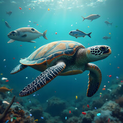 Fototapeta premium green sea turtle swimming in ocean surrounded by plastic pieces