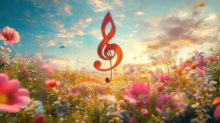 A Clef Shines in a Blooming Meadow Under a Beautiful Sky