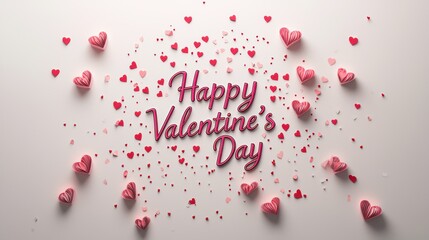 Sophisticated 3D "Happy Valentine's Day" in cursive with scattered red hearts.