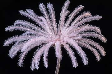 Delicate flower with feathery petals, intricate details, close-up shot against a black background.