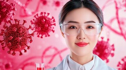 Fototapeta premium Woman with glasses holding a beaker in a laboratory setting conducting scientific experiments