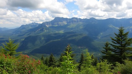 Fototapeta premium Panoramic View of Majestic Mountain Range Under a Cloudy Sky