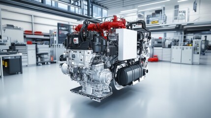 Heavy-duty truck engine displayed in a clean workshop environment.