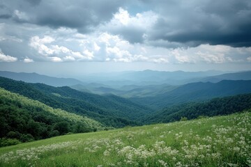 Fototapeta premium Mountain meadow, storm clouds, scenic view, travel