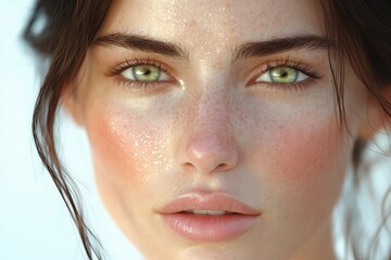 Fototapeta premium Close-up portrait of woman with green eyes and freckles on soft skin