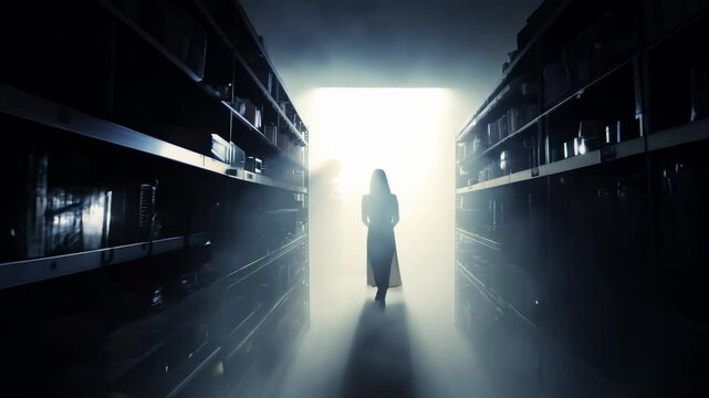Dolly into a dark tunnel of shelves, with a single light source at the end and a strong backlight, the silhouette of a mysterious figure can be seen