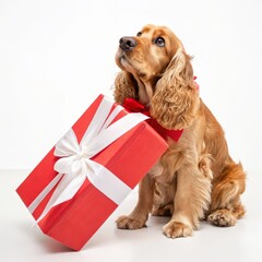 Golden Cocker Spaniel with Red Gift, White Background, Studio Shot, Dog Gift, Pet Present Dog photography, Pet photography