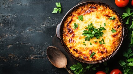 Delicious homemade moussaka with fresh parsley on a dark background