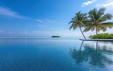 Tranquil infinity pool overlooking a serene ocean with palm trees and a small island in the distance
