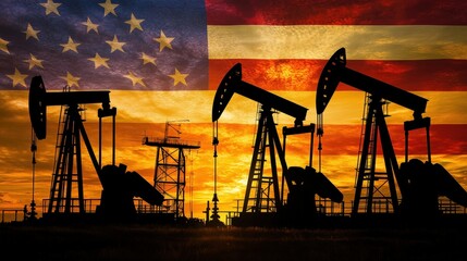 Oil pumps silhouetted against a sunset with American flag backdrop, symbolizing energy production, US industry, and natural resource extraction. Sustainable development and oil market.