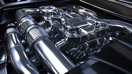 Fototapeta premium High-performance racing engine with visible turbo systems and exhaust pipes.