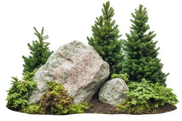 Landscaping rocks, conifers, garden design, isolated, white background, website