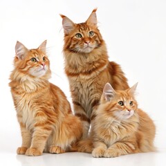 Three Ginger Maine Coon Kittens Studio Portrait, Fluffy Fur, Adorable Cats, White Background Maine Coon, Kittens
