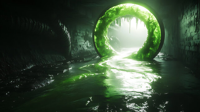 Glowing Green Ooze in Dark Underground Tunnel