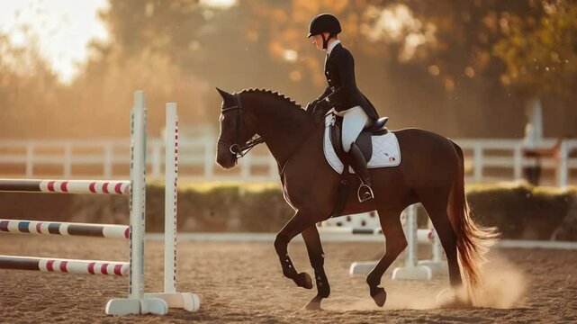 Horse Rider Jumping Obstacle Course Stunning Golden Hour Shot