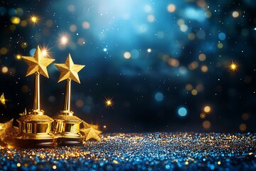 Golden Star Awards Trophies on a Glittering Blue Background