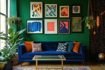 Modern living room featuring a blue velvet sofa, vibrant wall art, green walls, decorative plants, and stylish decor elements for home interior inspiration.