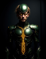 Naklejka premium Futuristic cybernetic warrior in green armor with glowing yellow elements