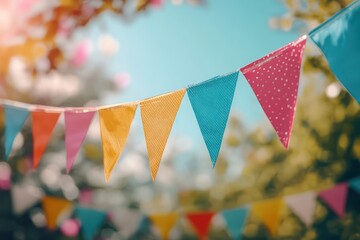 Celebratory bunting hanging from the top with bright, cheerful colors, set against a light, airy background