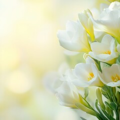 White freesia bouquet, spring garden, soft light, greeting card