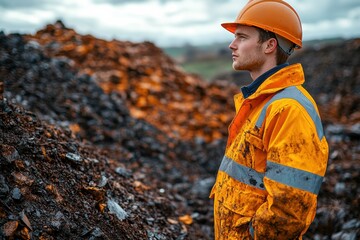 Engineer observing a landfill gas extraction site, checking readings for energy recovery,
