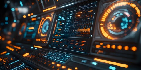 Computer monitor with a lot of orange and blue lights