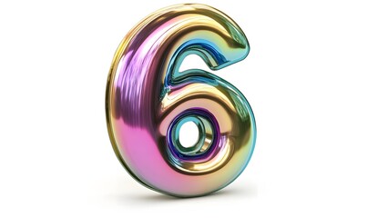 Iridescent six number, 3D render, white background, graphic design