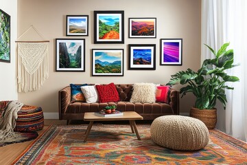 Living room with stylish decor featuring framed landscape artwork, cozy couch, vibrant cushions, indoor plants, and an inviting atmosphere for relaxation.