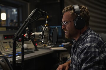 Man talking on the microphone in the recording studio, Radio Broadcasting